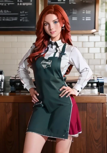 you laugh, barista, coffee shop , apron only,  masterpiece, fondos de pantalla unificados en 8K de  high quality, (Piel de  high quality:1.2),8k UHD,  digital SLR camera ,  high quality, (( a woman in a high-cut dress )),  Red Hair,  Very long hair, blue e...