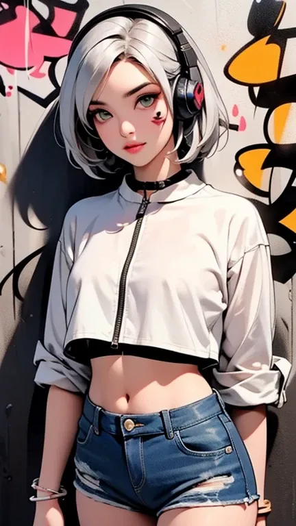 masterpiece, Best Quality, Tia shows herself with a quite slender figure.. she has grayish white hair , She has short hair and big pale green eyes., crop top, denim shorts, choker, (Graffiti:1.5), paint splash, arms behind the back, against the wall, looki...