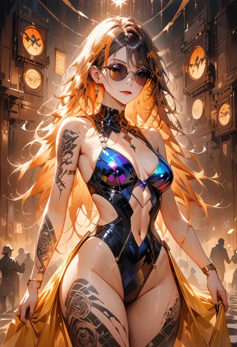 ultra detailed, absolutely resolution, masterpiece. 
cool beauty supermodel, lewd beauty expression, make up, lewd great body proportion, wearing numerous tattoos, super high leg swimsuit, sunglasses. 
background orange maze mosaic. 
various colorful iride...