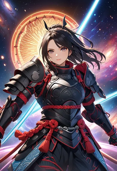 A highly detailed cosmic backdrop featuring stars nebulae and distant galaxies, The scene should evoke a sense of vastness and wonder, Female characters inspired by Demon Slayer reimagined as samurai warriors and ninjas, Each character should have realisti...