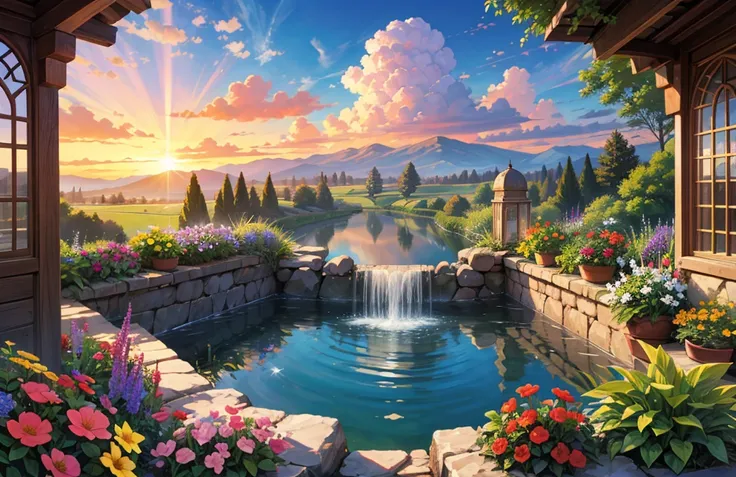 fantastic, beautiful, bright colors, bright light, sunrise, flowers, shining, beautiful atmosphere, wonderful, painting style, baptism, clear sky, nothing, no one, fertile earth, Garden of Eden, Middle Eastern style