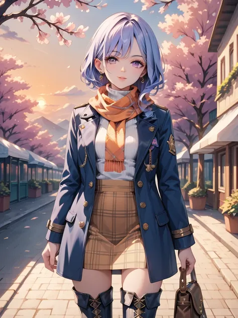 1girl, masterpiece, top quality, detail body, detail face, detail fingers, short striking blue hair, piercing light purple eyes, dark long coat, fitted turtleneck sweater, plaid wool skirt, thigh-high boots, crossbody bag, loosely wrapped scarf, confident ...