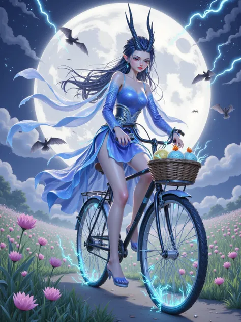 Aorun pedals through rapeseed fields on vintage bicycle, floral scarf fluttering around her horns. Grass blades glow neon under tires, sparrows frozen mid-flight by her gaze. Rice cakes levitate from basket, morphing into lightning-charged dragon-scale pas...