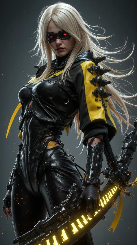  A powerful female cyberpunk warrior ， with flowing white gold hair and dark red eyes ， wearing a futuristic jacket in black and yellow ，Decorated with spikes and metal bands ， one handle HUGE SWORD WITH GLOWING CARVINGS AND SCRATCHES。 This artwork is fine...