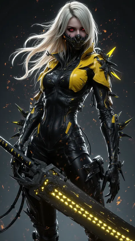  A powerful female cyberpunk warrior ， with flowing white gold hair and dark red eyes ， wearing a futuristic jacket in black and yellow ，Decorated with spikes and metal bands ， one handle HUGE SWORD WITH GLOWING CARVINGS AND SCRATCHES。 This artwork is fine...