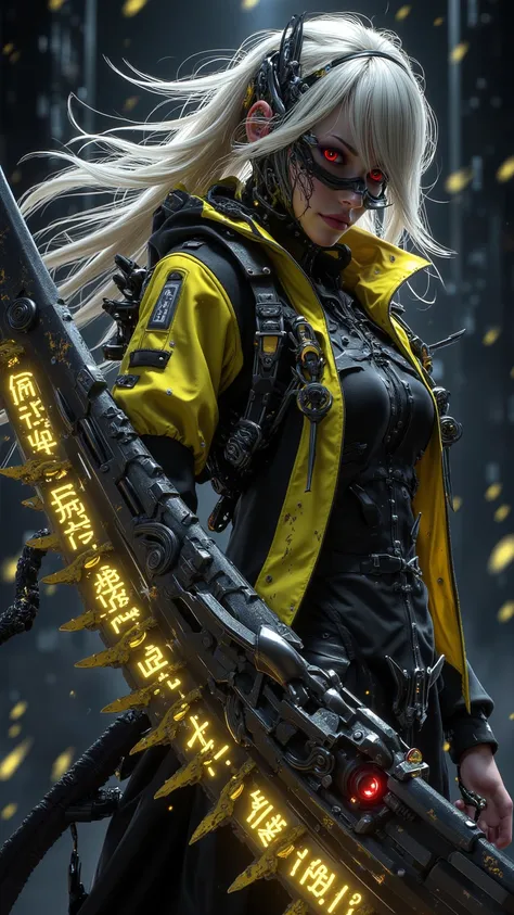  A powerful female cyberpunk warrior ， with flowing white gold hair and dark red eyes ， wearing a futuristic jacket in black and yellow ，Decorated with spikes and metal bands ， one handle HUGE SWORD WITH GLOWING CARVINGS AND SCRATCHES。 This artwork is fine...