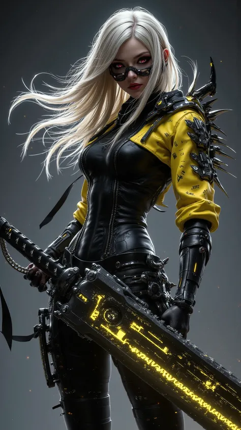  A powerful female cyberpunk warrior ， with flowing white gold hair and dark red eyes ， wearing a futuristic jacket in black and yellow ，Decorated with spikes and metal bands ， one handle HUGE SWORD WITH GLOWING CARVINGS AND SCRATCHES。 This artwork is fine...