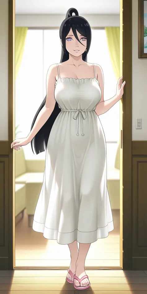 mature female, hinata\(boruto\), Black hair, straight hair, pony hair, high ponytail long hair, white spaghetti strap housedress, pink flip flops, full body, white eye, parted lips, smile, home, milf, hinata\(boruto\) style, soft light, high detailed