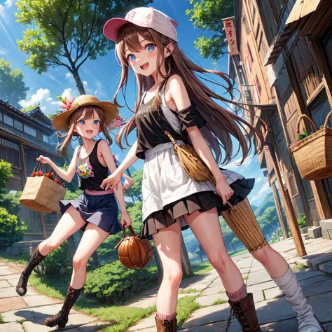  pink brown brown hair、  blue eyes、  Has hair tied  、Two cute people、  check mini skirt、  black t-shirt、 Light clothing、  tank top、  camisole、 high socks、 Boots、 teeth inside、  The Road Is Crooked 、Mountain々、Stick together  、 bamboo forest、 chest pocket  、...