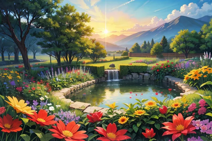 fantastic, beautiful, bright colors, bright light, sunrise, flowers, shining, beautiful atmosphere, wonderful, painting style, baptism, clear sky, nothing, no one, fertile earth, Garden of Eden, Middle Eastern style