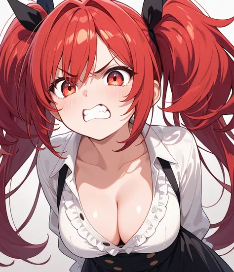  twin tails、 slightly angry face、Blouse unbuttoned、 cleavage