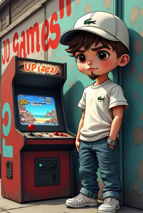 A captivating hyper-realistic close-up featuring a 36-year-old skinny, fair-skinned Chibi boy standing next to a 90s Chibi arcade machine with KOF written on the side of the arcade machine, an illustration of the game Metal Slug on the screen adding to the...