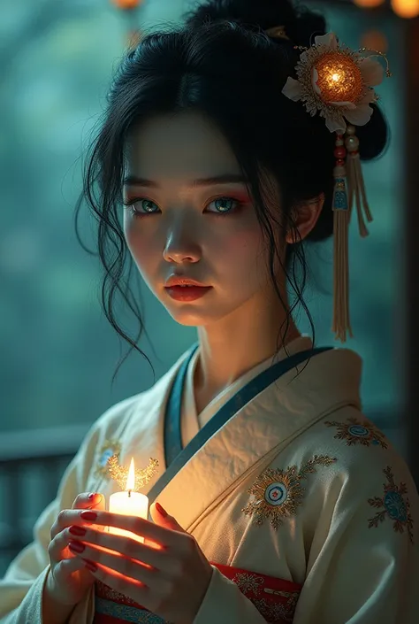 god々An image of a good fortune teller。A very cute Japanese woman。I'm wearing a kimono 。My eyes are faintly blue。