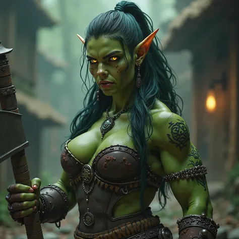 (best quality,4k,8k,highres,masterpiece:1.2),ultra-detailed, 1woman, female orc, woman orc, lust in her eyes, large yet feminine muscular body, green skin, deep yellow eyes, wielding a large war axe, BULKY, HDR, 8k, absurdres, cinestill 800, sharp focus, a...