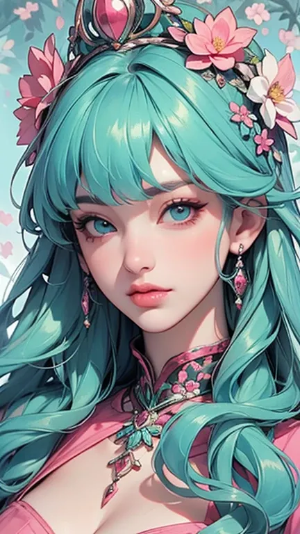 A stunning, luminous woman with cascading, silky light green hair and piercing aqua eyes, wearing a long pink silk dress, enchanted forest teeming with lush, emerald foliage and vibrant, exotic flowers, adorns a resplendent, ornate crown of blossoming wild...