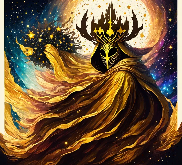 Create a surreal paint splatter painting of"The King in Yellow," depicted wearing an elaborate cloak and a mask, adorned with antlers and a crown. The background is cosmic, filled with swirling galaxies and stars. The color scheme primarily features gold, ...