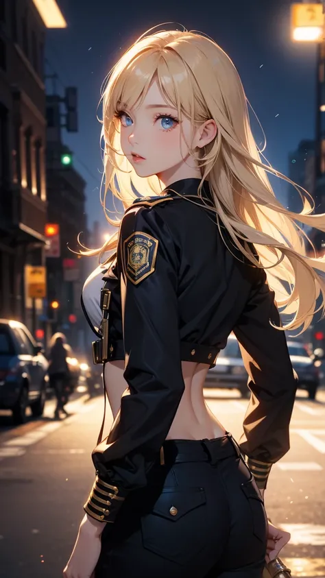 1 woman、 American beauty、Super beautiful、 facial beauty 、 blue eyes、 standing、New York Police Uniform、mini rock、golden hair、Night Street 、 backlight 、The wind blows、It is&#39;it is raining、 He concentrates on the barrel of the gun.、 thigh-up shot 、Target g...