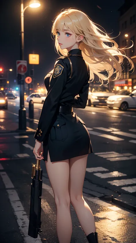 1 woman、 American beauty、Super beautiful、 facial beauty 、 blue eyes、 standing、New York Police Uniform、mini rock、golden hair、Night Street 、 backlight 、The wind blows、It is&#39;it is raining、 He concentrates on the barrel of the gun.、 thigh-up shot 、Target g...