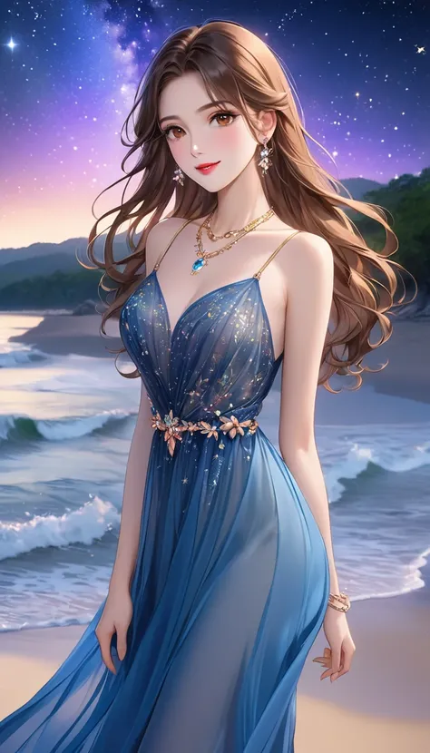   masterpiece、  top quality、 cute girl、   Beautiful Perfect Style   、( beautiful face、   beautiful skin、 beautiful brown eyes、  beautiful lips、Beautiful Nose、Perfect picture)、 Long Flowing Brownish Hair 、  Transparent Blue Sheer Dress 、(体whole bodyから神秘的な光の...