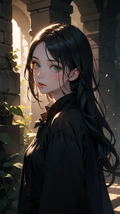  illustration of Severus Snape's  daughter, , long black hair ,pale skin, Hair above eyes ,  green eyes,Witch, Cover ,  highres,  paid reward available ,   unparalleled masterpiece  ,  terrifying story ,  Hansel and Gretel perfect anatomy ,  good lighting,...