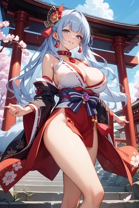  shemono、fox、 walking on two legs、Shrine maiden、foxの精霊、foxの紋章、seiza、Fire jewels on collars、Inside the shrine、 long hair、Shrine maidenの服、female、Big Breasts