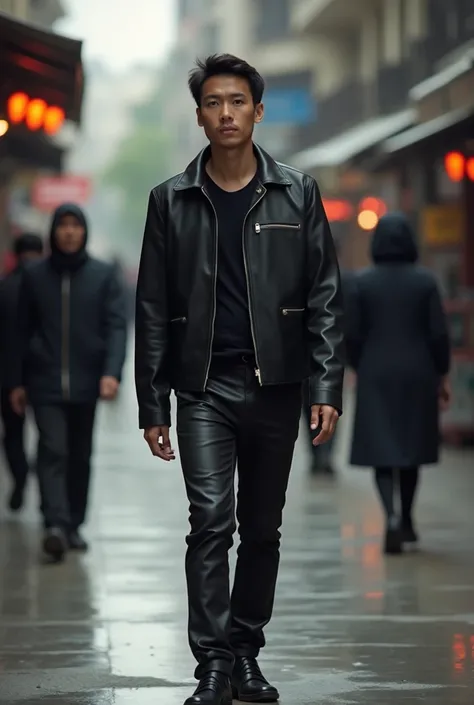 a lone man, thin body, with short black hair parted to the side, plain black leather jacket, black leather pants, shiny shoes, Indonesian face, Indonesian people, their gaze looking straight into the camera, "THE BACKGROUND IS NOT BLURRY"