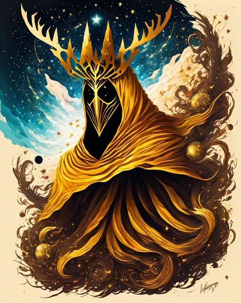 Create a surreal paint splatter painting of"The King in Yellow," depicted wearing an elaborate cloak and a mask, adorned with antlers and a crown. The background is cosmic, filled with swirling galaxies and stars. The color scheme primarily features gold, ...