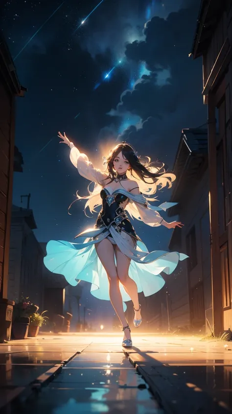 Furry, retro, semi,  1girl ,  blue long hair ,  symmetrical face,  Full lips ,  slanted eyes ,  2 different eye colors, Dance through the desert when it rains, In the background, the pyramids, and an old marketplace, It is night,  the stars are in the sky ...