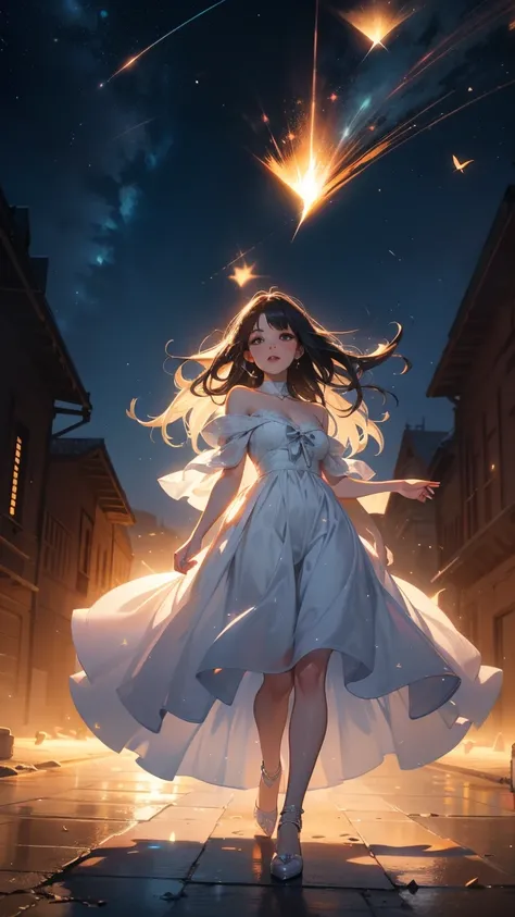 Furry, retro, semi,  1girl ,  blue long hair ,  symmetrical face,  Full lips ,  slanted eyes ,  2 different eye colors, Dance through the desert when it rains, In the background, the pyramids, and an old marketplace, It is night,  the stars are in the sky ...