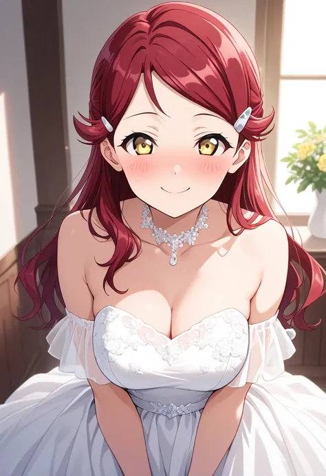 riko sakurauchi, long hair, hair ornament, yellow eyes, red hair, hairclip,smile  ,,best quality ( best quality )、(Nonsense)、( very detailed)、( very beautiful way to hold ) information best quality 、 Ultra-fine、Most HD、 very detailed、masterpiece、 best qual...