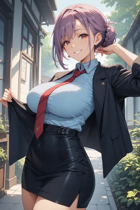 score_9, score_8_up, score_7_up, 
1girl, sakurai sawa, purple hair, mature female, long sidelocks, braided bun, red eyes, large breasts,

smile, looking at viewer, blue shirt, black jacket,micro pencil skirt,highheel, necktie, 


