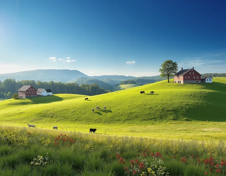  bucolic spring and agricultural landscape ,  plains in the foreground and plateaus with forests in the background .  The sky with intense blue and few clouds . diverse natural pastures ,  with small yellow flowers ,  red and white mixed with other species...