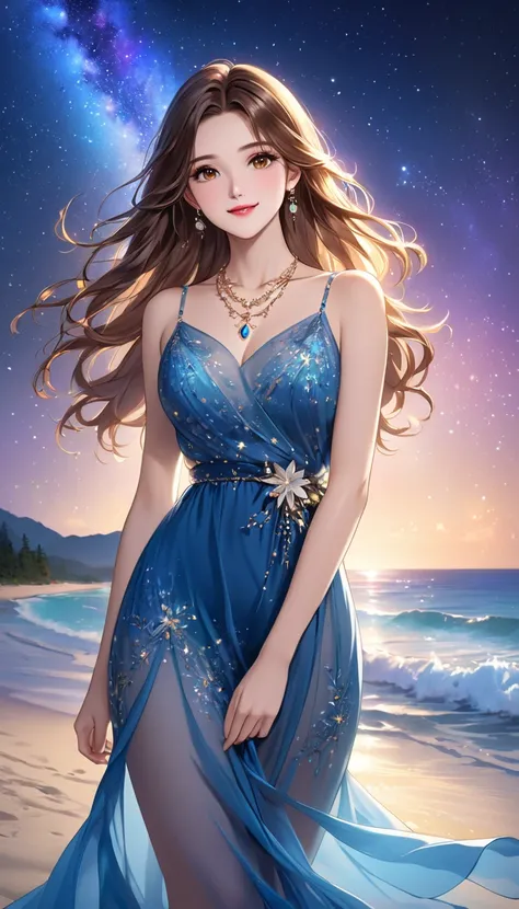   masterpiece、  top quality、 cute girl、   Beautiful Perfect Style   、( beautiful face、   beautiful skin、 beautiful brown eyes、  beautiful lips、Beautiful Nose、Perfect picture)、 Long Flowing Brownish Hair 、  Transparent Blue Sheer Dress 、(体whole bodyから神秘的な光の...