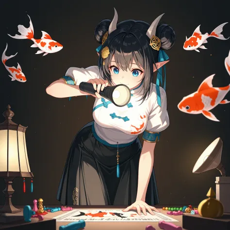 1 ,  alone,   lamp,  blue eyes,  black hair,  blue eyes, happy,  mouth shut, medium breasts,  hair bun, double bun,  Horns, unscrewed ,  looking at the object,   looking at the flashlight a,  holding a flashlight ,bowing, shirt, skirt,  long sleeves , ribb...