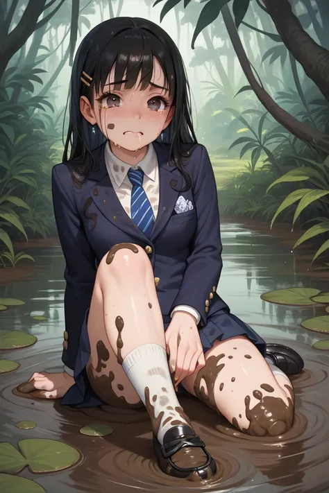  girl,( blazer covered in mud:10),(Skirt covered in mud:10),( white socks covered in mud:10),( Black Loafers Muddy:10),( sweaty:5), head and face covered in mud,Bathe in muddy water from your head, jump up and down, black hair, crying face, Jungle,Swamp, d...