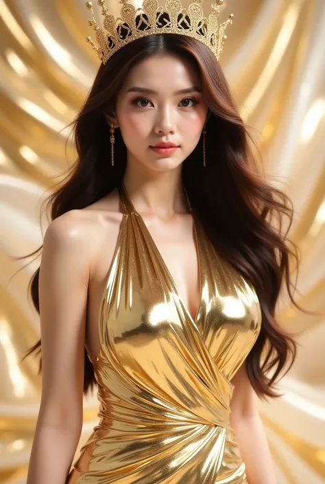 a woman in a stunning gold metallic gown that glimmers elegantly. The dress has a halter neckline and a fitted silhouette, accentuating her figure. She is wearing a golden crown-like headpiece with intricate details, complementing her overall regal appeara...