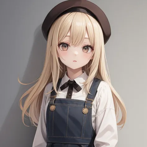 One adult woman,blond hair,slender eyes,long eyelashes,white blouse,overalls,white skin,Brown beret,Brown Salopettes