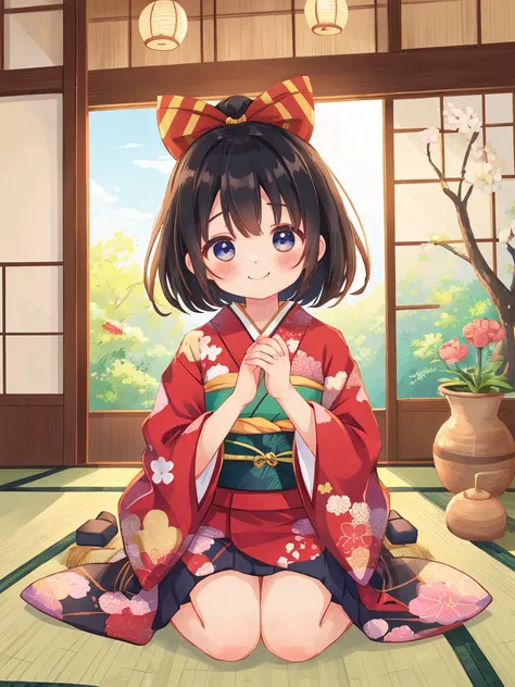  cute  wishing for happiness、 lori、delicate、 file、 black hair semi-long 、 kimono、 Sitting、blush、Squint your eyes、I wish for happiness、Japanese-style room、 top quality,  Hi-Res,  anatomically correct,  detailed background 