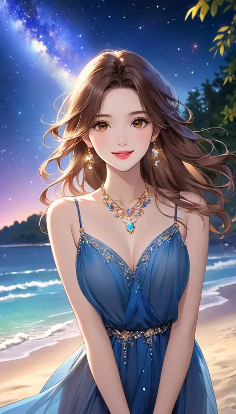   masterpiece、  top quality、 cute girl、   Beautiful Perfect Style   、( beautiful face、   beautiful skin、 beautiful brown eyes、  beautiful lips、Beautiful Nose、Perfect picture)、 Long Flowing Brownish Hair 、  Transparent Blue Sheer Dress 、(体whole bodyから神秘的な光の...