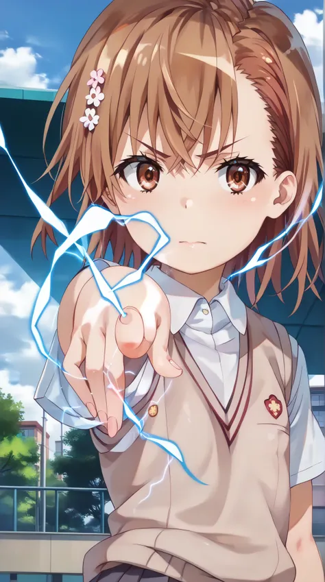 (UHD, retina, masterpiece, accurate, anatomically correct, super detail, high details,     highres, 1080P, 16k:1.3)、 (misaka mikoto:1.3)、 short hair, brown hair、(very flat chest:1.5)、(shiny skin:1.3)、(tokiwadai school uniform,sweater vest,school uniform:1....