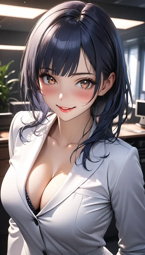 beautiful young business woman, solo, office lady, dark blue hair, asymmetrical bangs, brown eyes, Ultra-detailed eyes, beautiful detailed face, beautiful glossy lips, medium breasts, cleavage, Glowing Skin, embarrassed smiling expression, elegant office a...