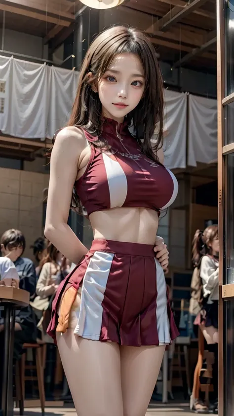 A beautiful young Japanese woman, 20 years old, with perfect anatomy, healthy thighs, beautiful feet, flawless skin, random hair color and style, large bust, (she is standing:1.2), wearing a cheerleader uniform with micro-pleated miniskirt, in a full body ...