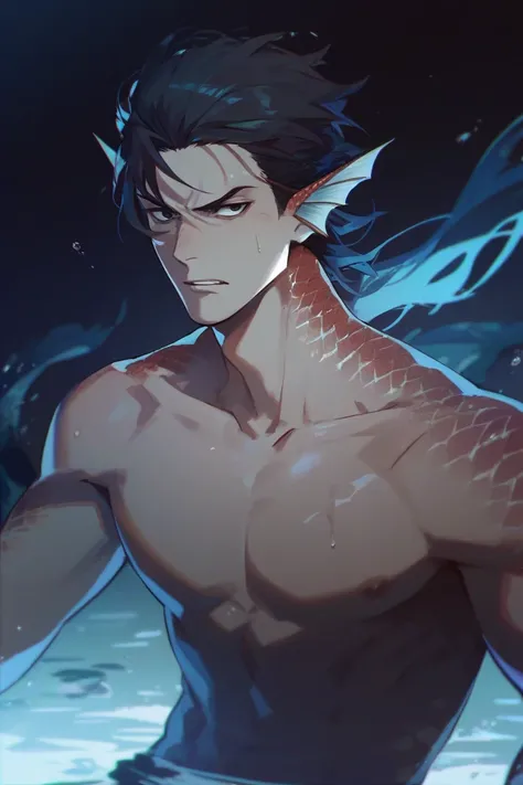 Male character, Humanoid sea monster, Half-human, half sea monster, Fins ears, Scales on skin, Dark hair, Intimidating and dominant expression, Black eyes, Shirtless; Dark, Eerie, and Psychopathic theme.