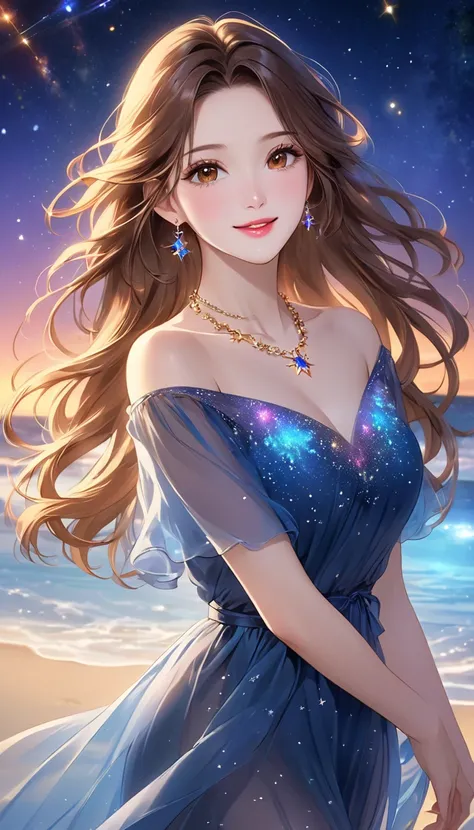   masterpiece、  top quality、 cute girl、   Beautiful Perfect Style   、( beautiful face、   beautiful skin、 beautiful brown eyes、  beautiful lips、Beautiful Nose、Perfect picture)、 Long Flowing Brownish Hair 、  Transparent Blue Sheer Dress 、(体whole bodyから神秘的な光の...