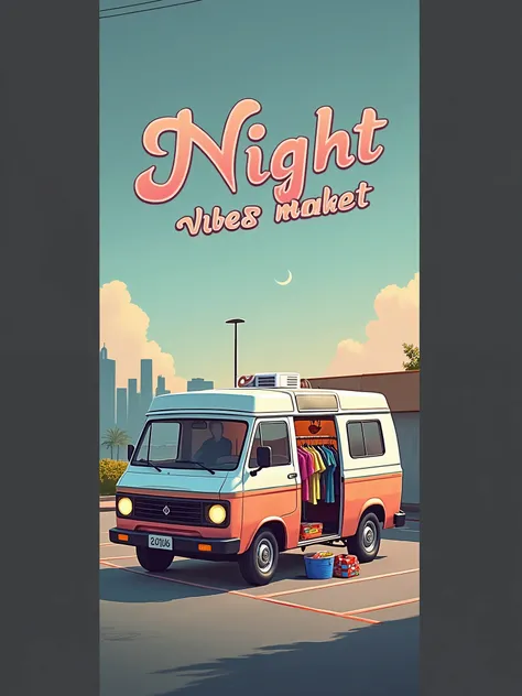  Parking lot of  , for sale fashion clothes ,  The clothes rail next to the van ,Supplies  , Beverages, The letter of the name "Night vibes Market" , As a market , Styroposter images , Illustration, Atmosphere from the original picture at night , of the pa...