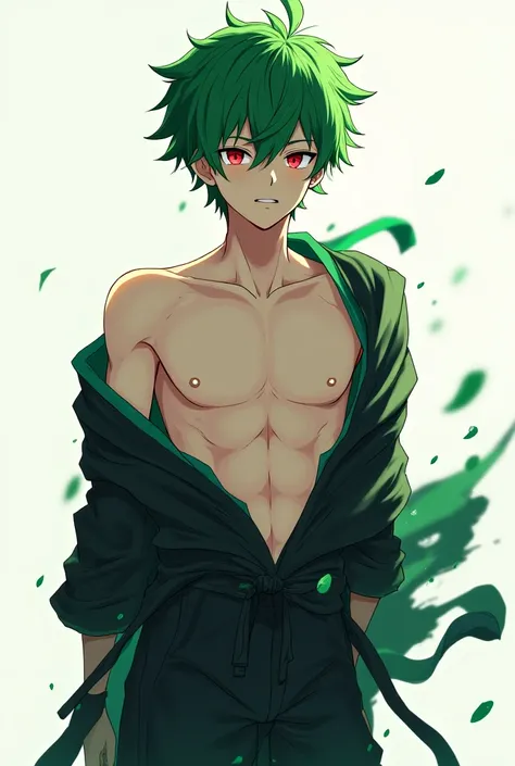 a male anime character with black and green clothes, green hair, red eyes and without the clothes