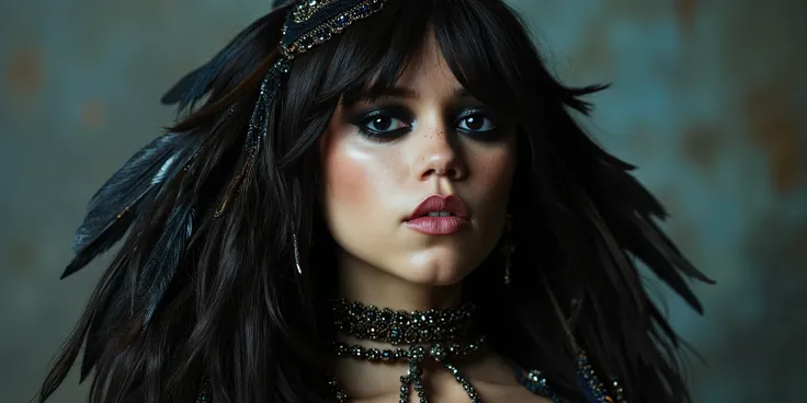 A full body of a beautiful goth native woman,  deep blue eyes,  pale skin with rosy highlights,  and a textured choker adorned with beads; featuring flowing dark hair, detailed feather ornaments, and a captivatingly stylized expression.