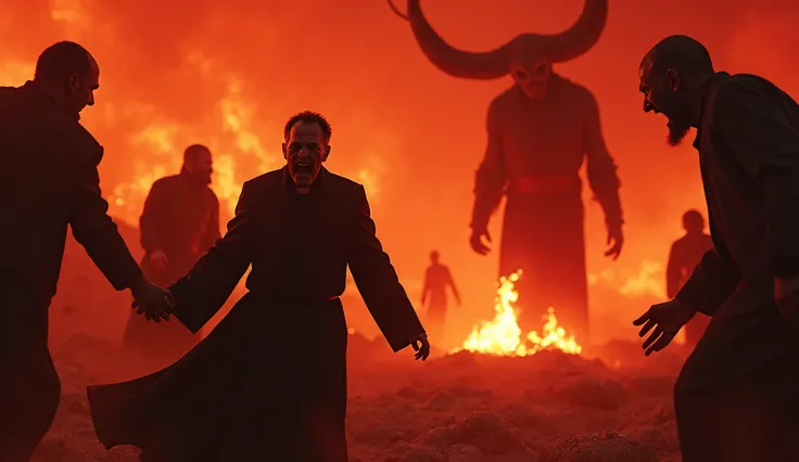 "A terrified priest is being dragged by shadowy demonic figures into a fiery hell. His face shows pure despair and horror as intense flames illuminate the scene in deep red and orange tones. In the background, a nightmarish landscape unfolds: tormented sou...