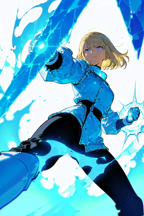 Athletic woman in futuristic fantasy clothes, blonde hair, purple eyes, white tights jacket, black pant, tan, armor of ice, ice spike, glowing ice, ice power, steam, intricate pencil sketch, un-zoom, highly detailed, fighting stance, white background,, upp...