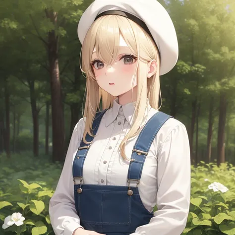 One adult woman,blond hair,slender eyes,long eyelashes,white blouse,overalls,white skin,Brown beret,Brown Salopettes,squint